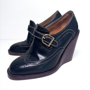 See by Chloe Black Leather Wedge Heel Brogue Oxford Loafer Shoes Size 36.5
